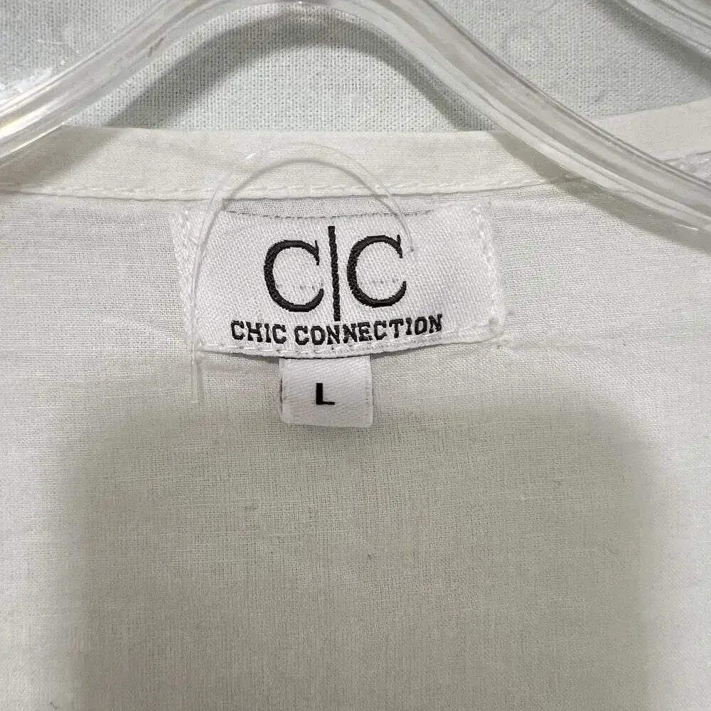 CHIC CONNECTION Women Tunic Top L Long Sleeve White Embroidered 100% Cotton